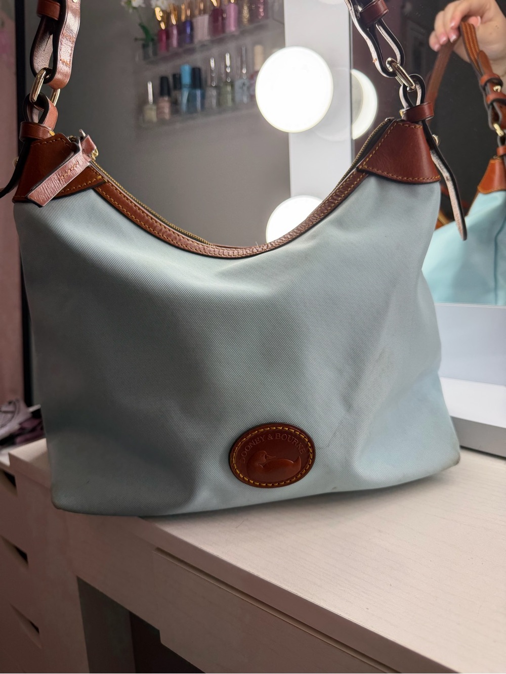 Dooney & Bourke Light Blue Nylon Hobo with Brown Leather Trim